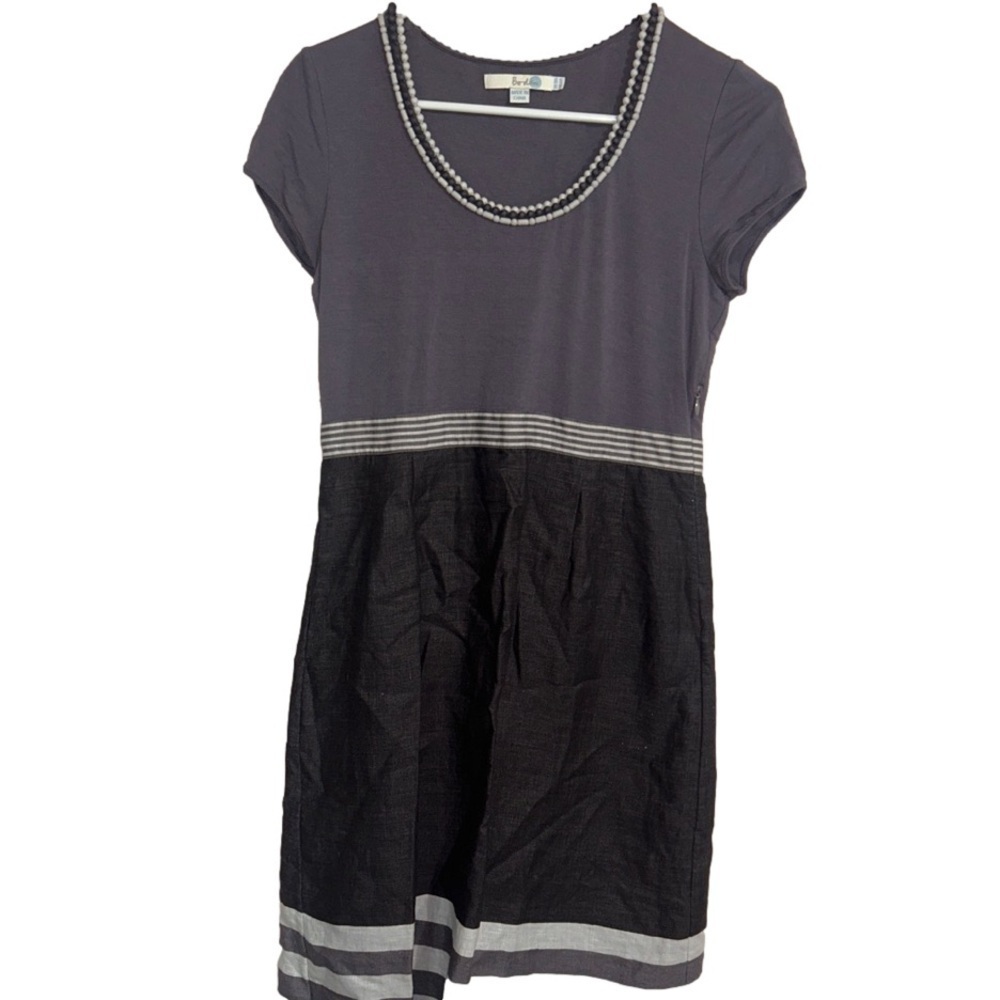 Boden Gray Short Sleeve Linen Blend Midi Dress Beaded Neckline Size 6R